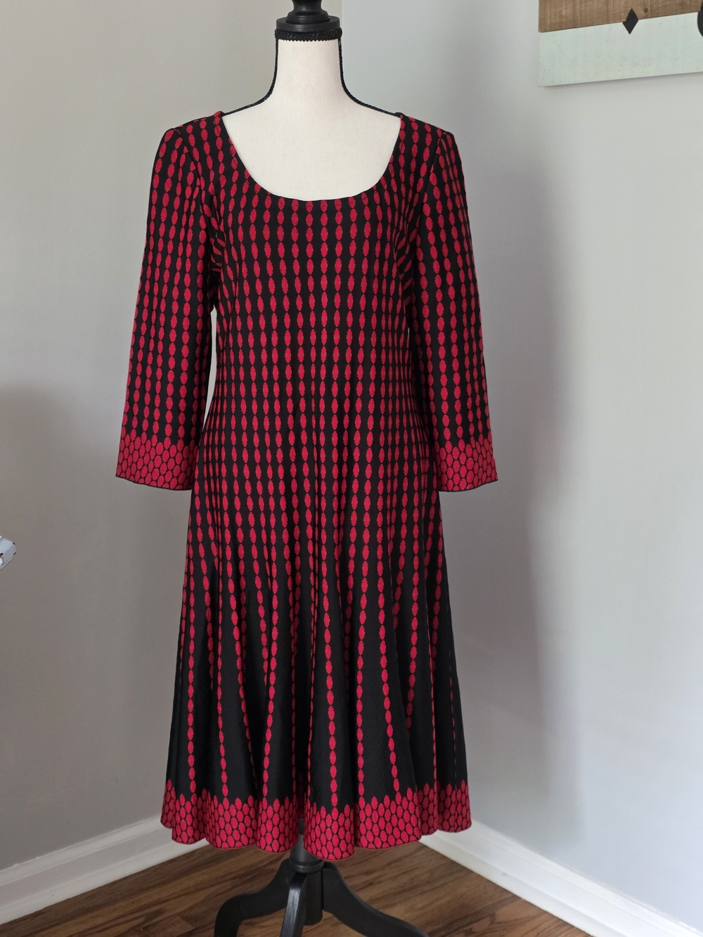 St. John Black and Red Scoop Neck Midi Dress